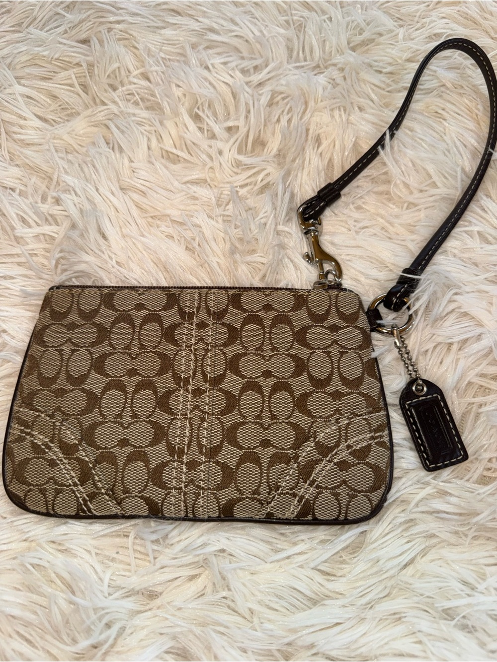 Coach Brown Signature Canvas Wristlet with Dark Trim